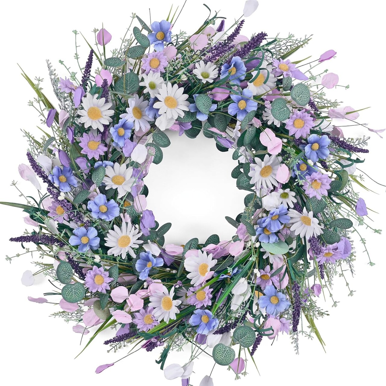 Spring Wreaths for Front Door, 22 Inchs Spring Daisy Wreath Summer Wreath with Floral Lanvender for Indoor Outdoor Wall Porch Window Decor and Festival Celebration